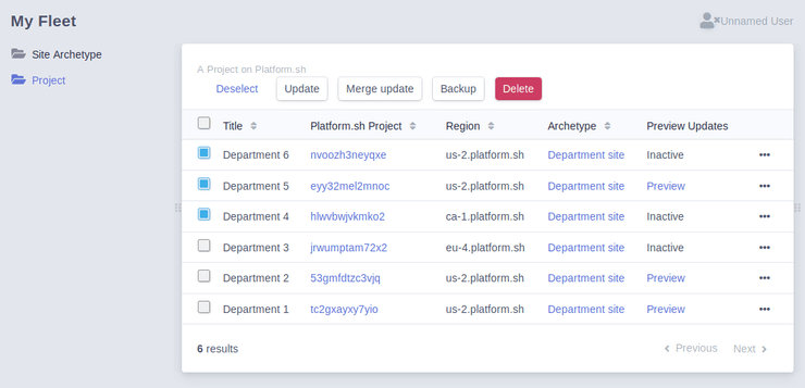 Projects with some checked off, showing commands to run against the full set