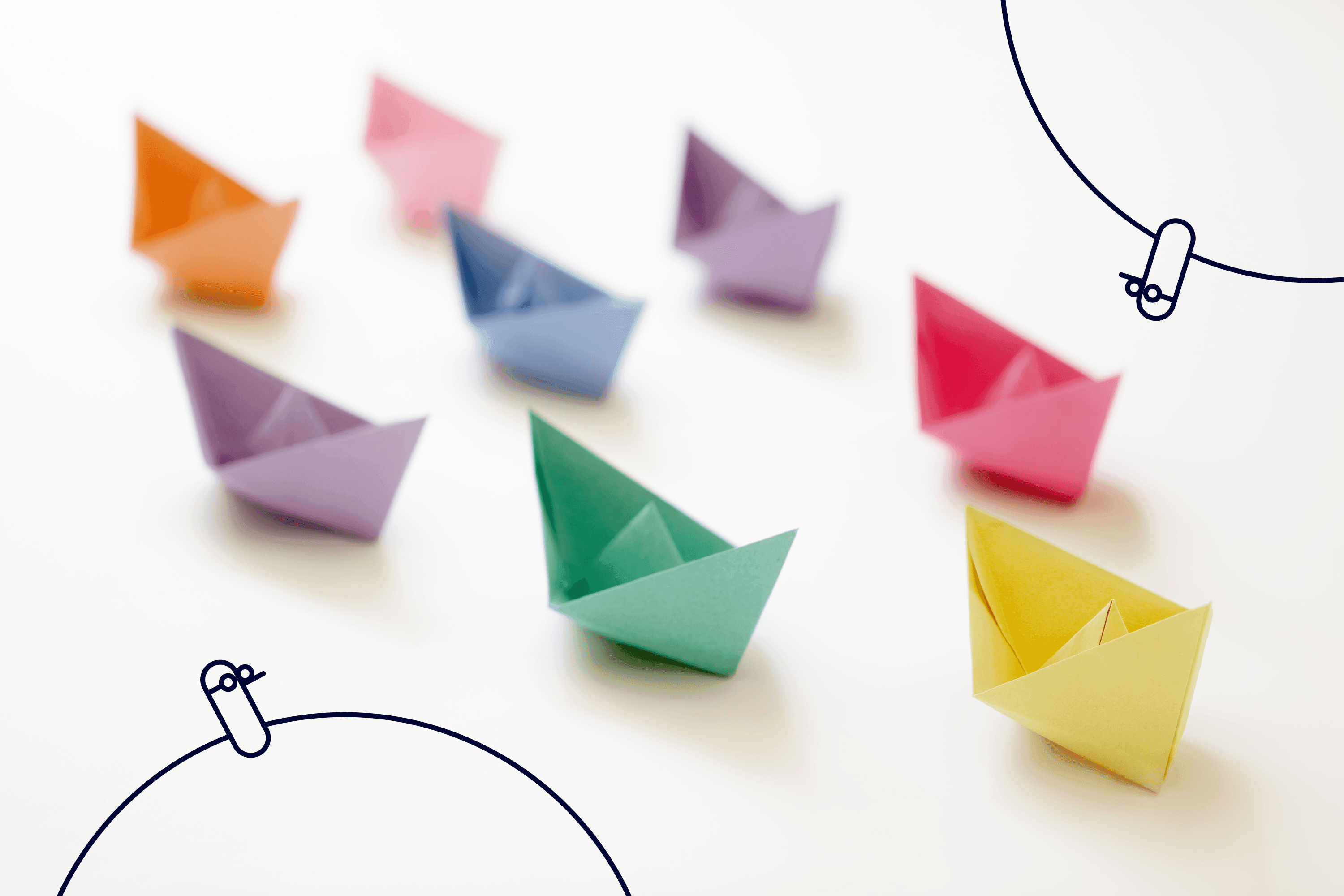 An array of folded paper boats