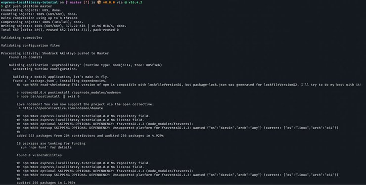 A screenshot of a terminal showing the deployment process of a Platform.sh project.