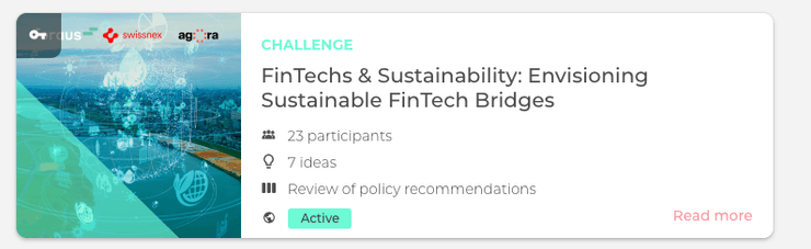 Partial screenshot from Policy Kitchen showing a challenge entitled 'FinTechs & Sustainability: Envisioning Sustainable FinTech Bridges'