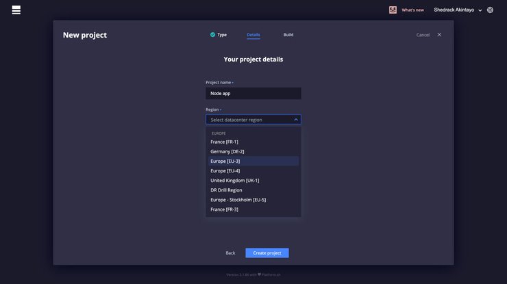A screenshot of the 'project details' screen of the project creation process in console, which lets the user select their project's name and region.